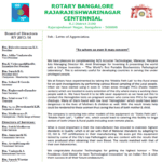 Rotary Club Banglore Appreciation Letter